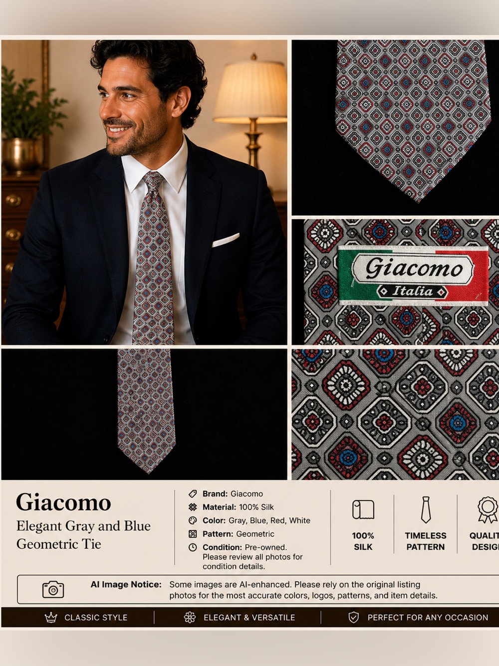 Elegant Gray and Blue Geometric Tie